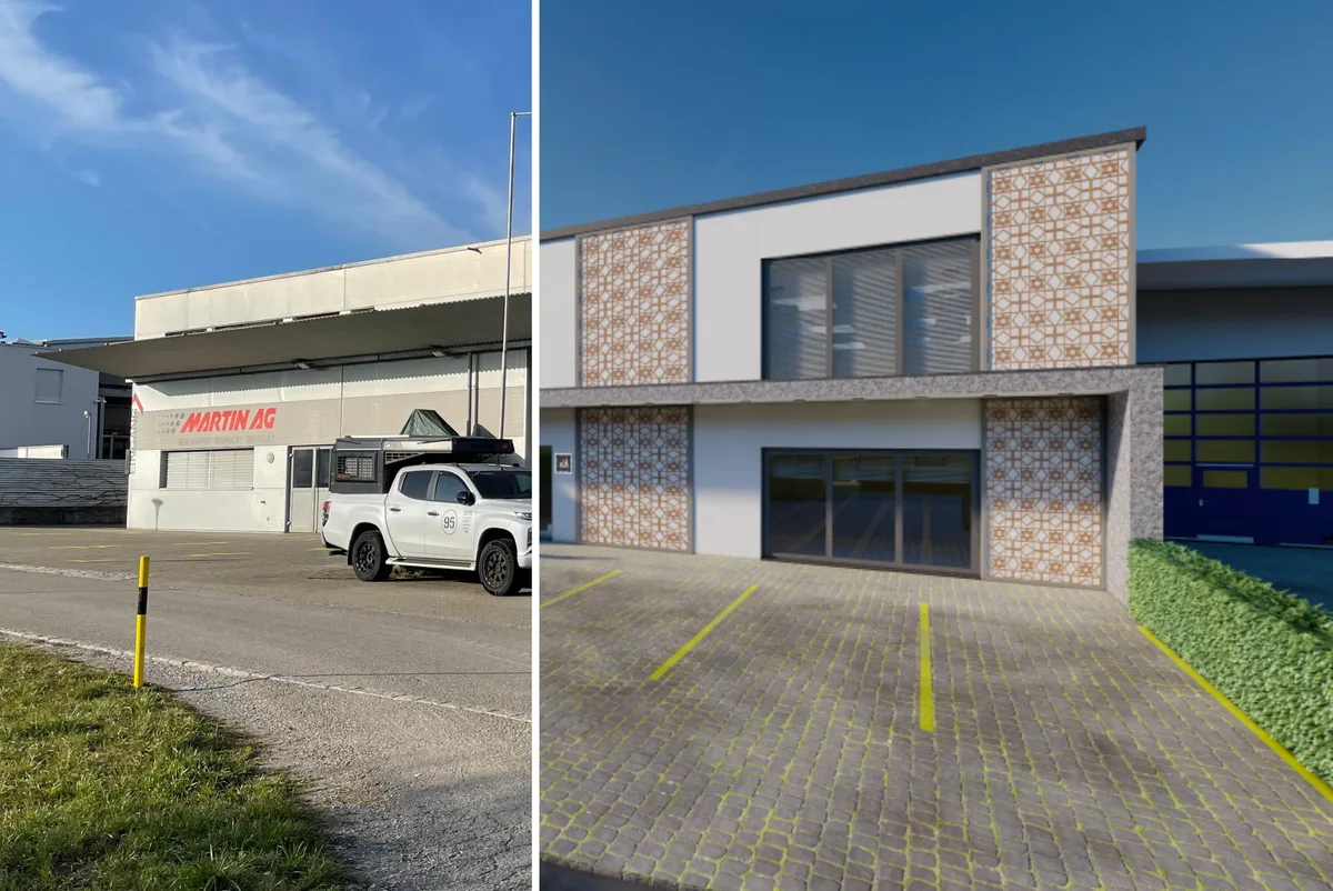 Gegenwart neben Zukunft: Der AIKV möchte das heutige Produktionsgebäude der Martin AG zu einer Moschee umbauen. Links sieht man das bisherige Gebäude, rechts die Visualisierung der geplanten Moschee.